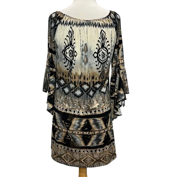 Parker Mini Dress XS Black Gray Tan Gold Abstract Stretch Bell Sleeve Boho Chic - Picture 6 of 14